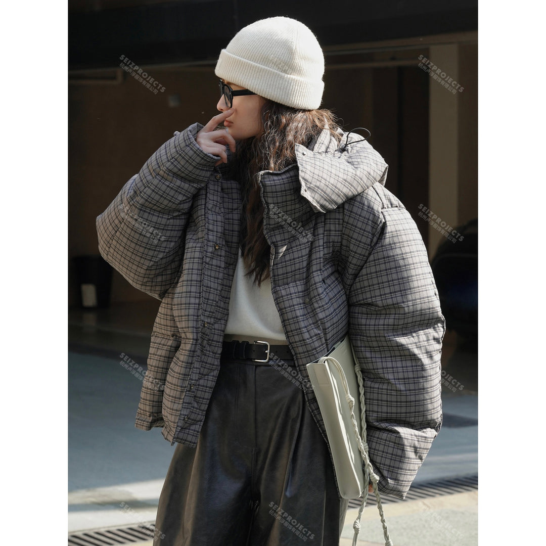 Women Short Cut Quilted Check Pattern Padded Jacket with Hood Amarae