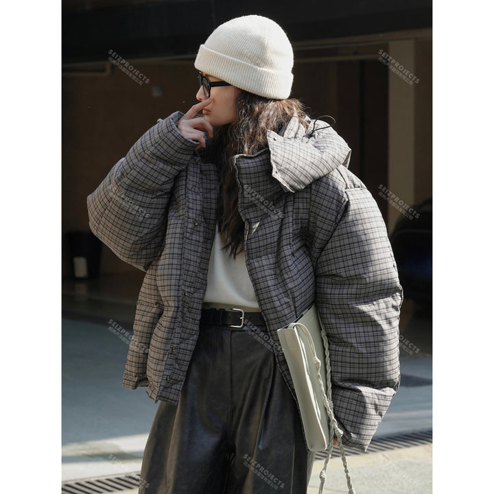 Women Short Cut Quilted Check Pattern Padded Jacket with Hood Amarae