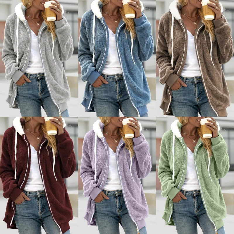 Women's Oversized Sherpa Zip Jacket with Contrast Collar, Ribbed Cuffs, and Drawstring Amarae