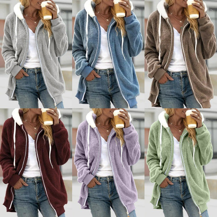 Women's Oversized Sherpa Zip Jacket with Contrast Collar, Ribbed Cuffs, and Drawstring Amarae