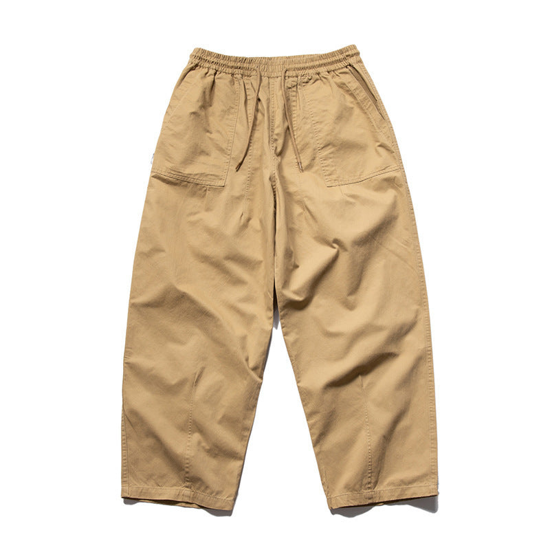 Men's Wide Relaxed Cargo Pants with Elastic Drawstring Waistband and Patch Pockets Amarae