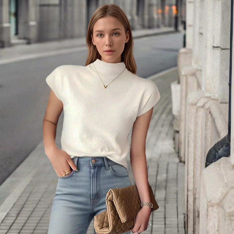 Ladies elegant short sleeve t-shirt with high collar and fitted cut Lune London