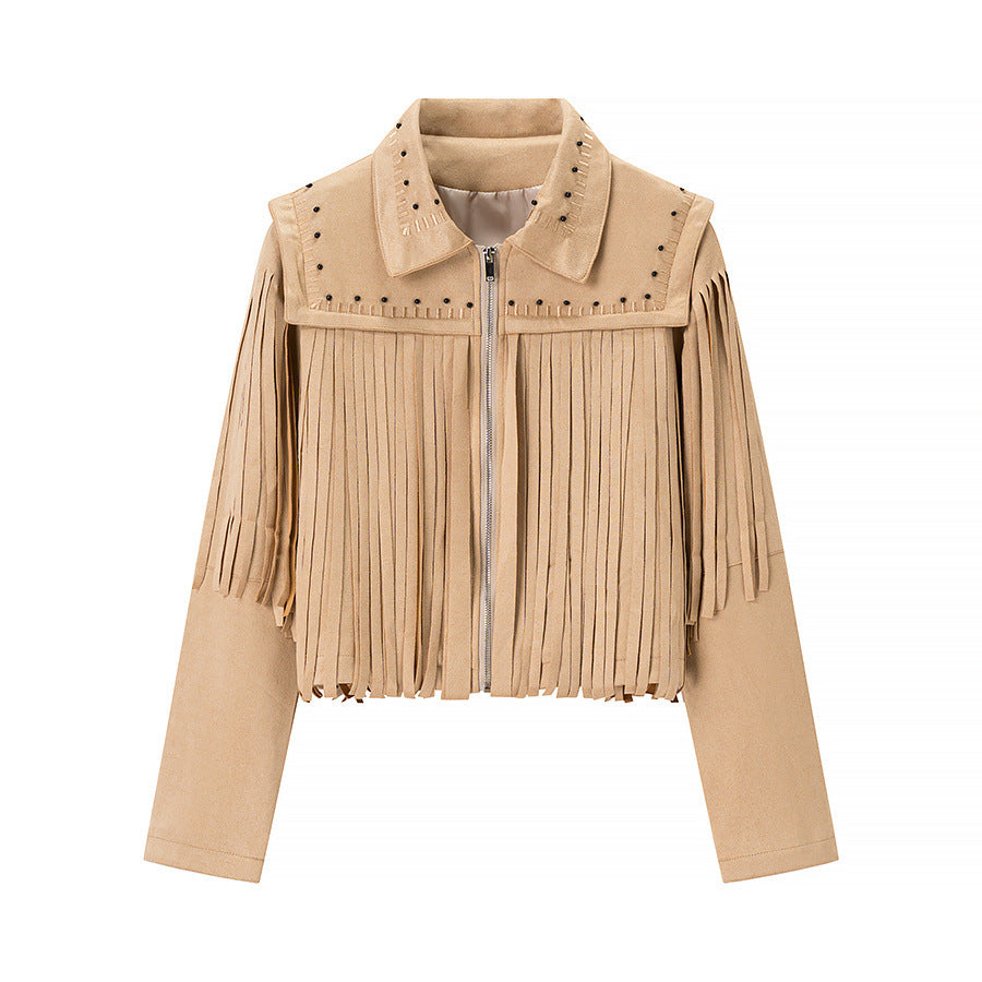 Fringed jacket for women with decorative studs and zipper Lune London