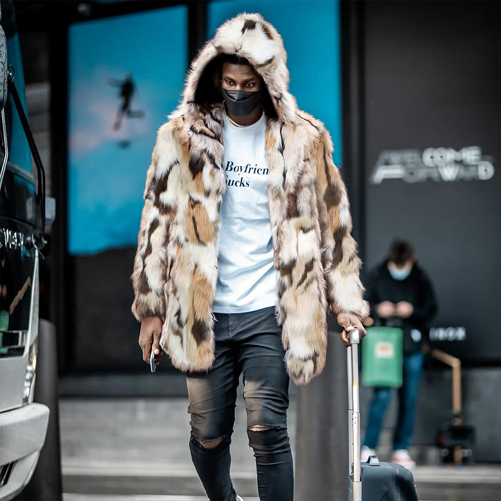 Trendy faux fur coat for men with hood and distinctive pattern Amarae