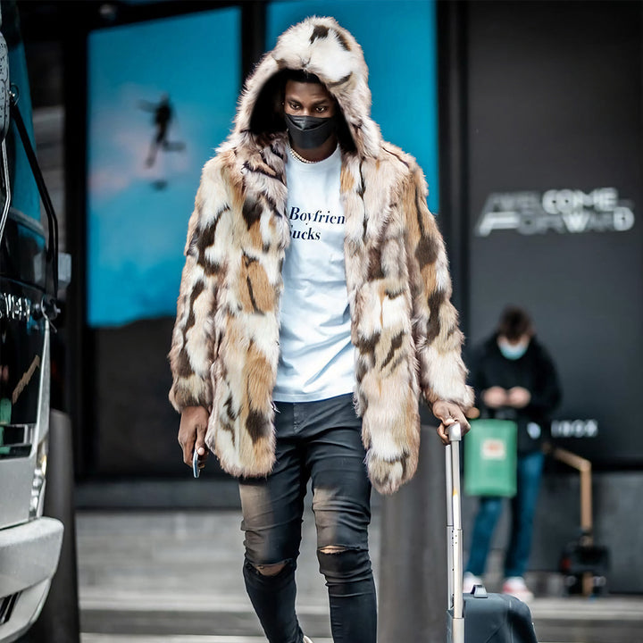 Trendy faux fur coat for men with hood and distinctive pattern Amarae