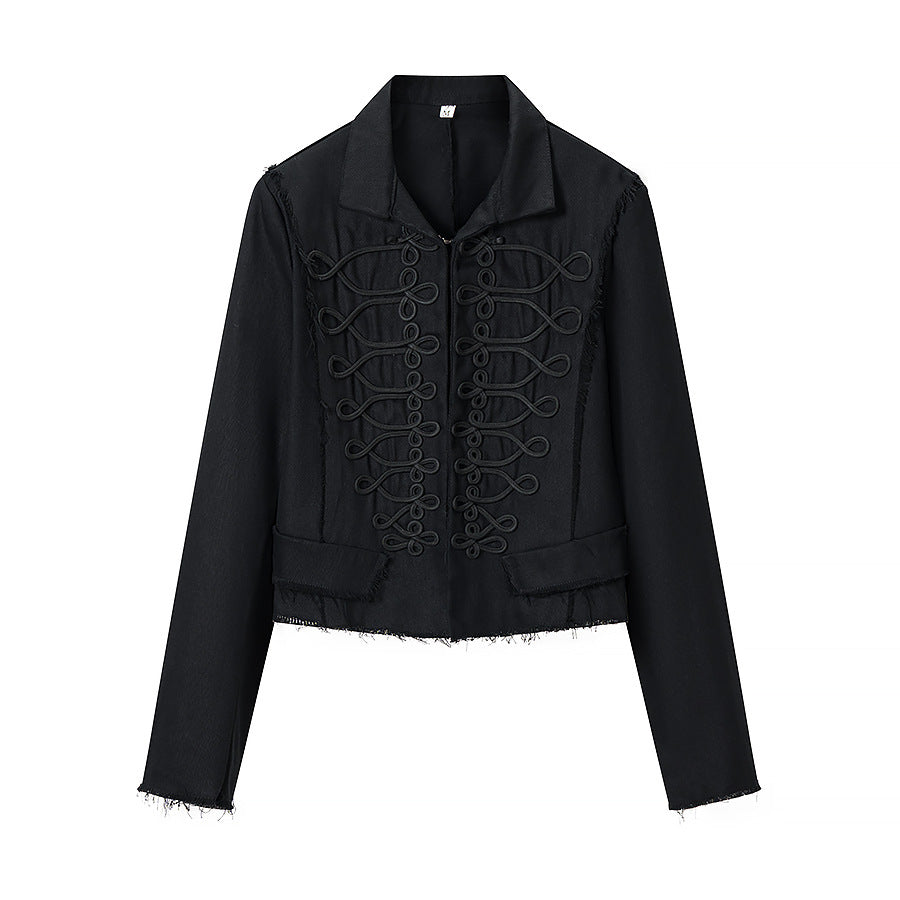 Women's Short Blazer with Decorative Cord Trim and Stand-Up Collar Amarae