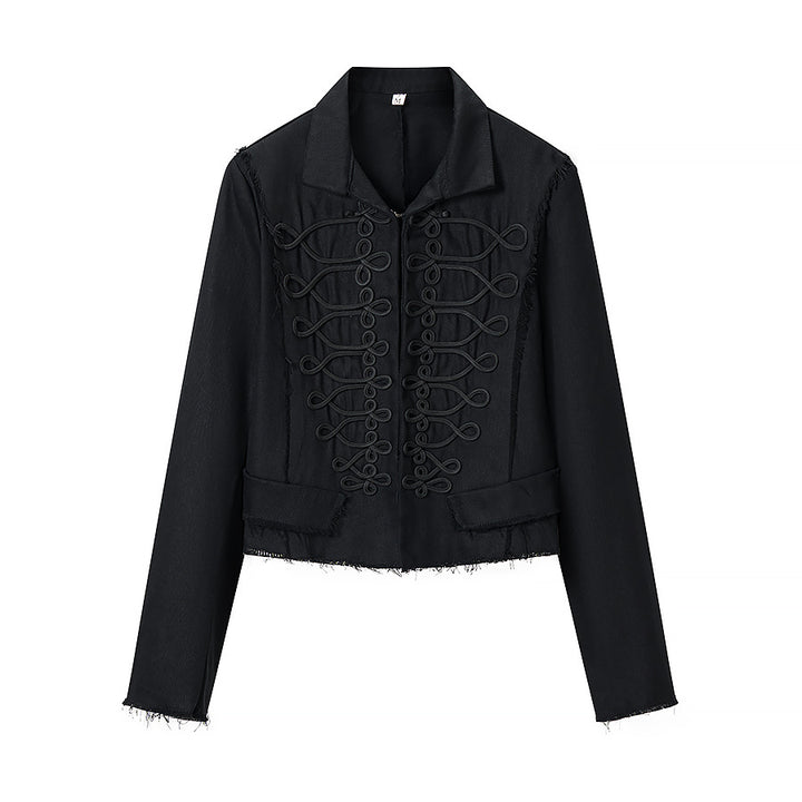 Women's Short Blazer with Decorative Cord Trim and Stand-Up Collar Amarae