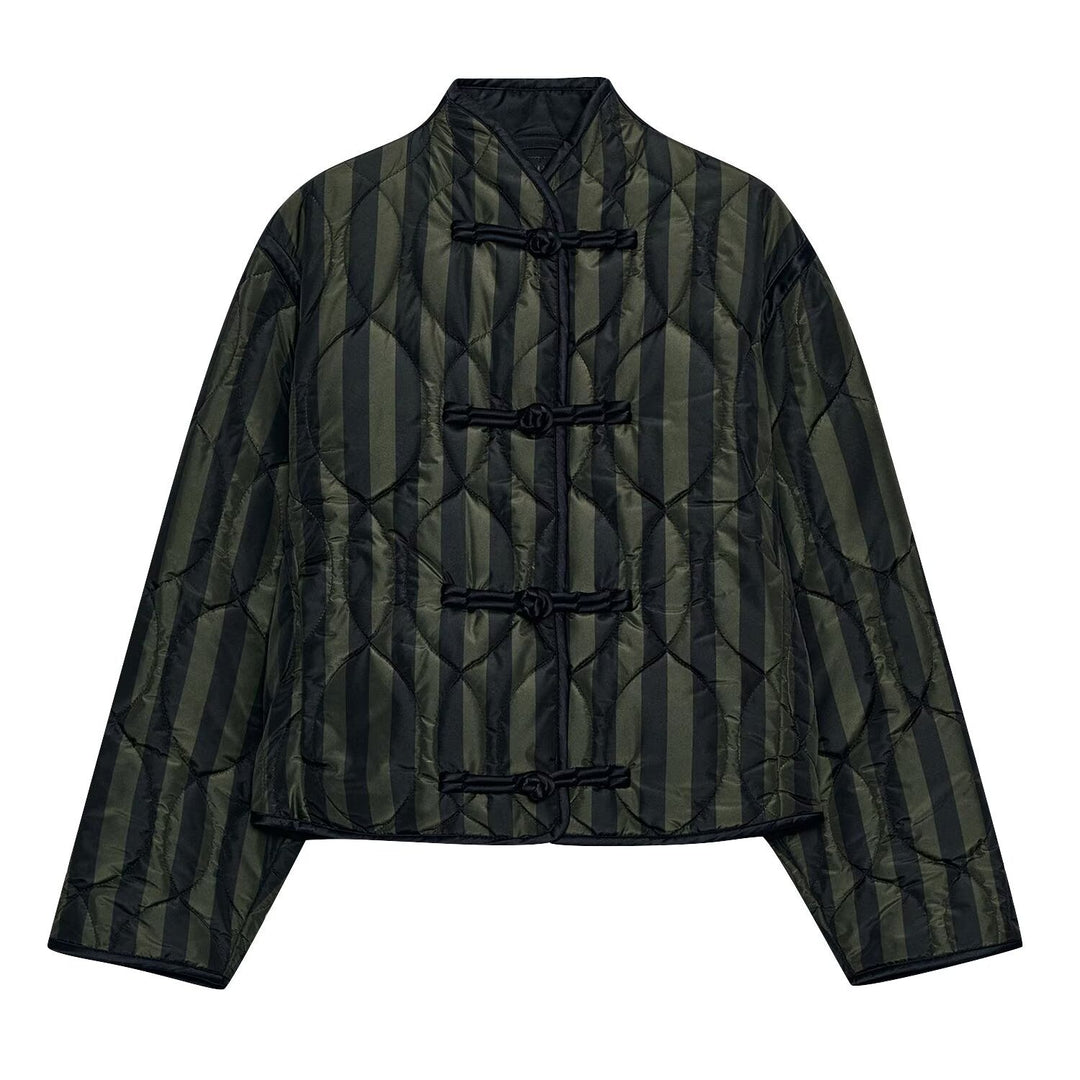 Women Padded Jacket with Stand-up Collar, Striped Quilting and Knot Closures Amarae