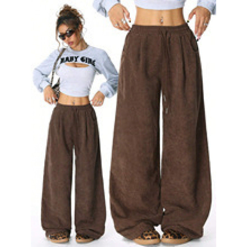 Ladies Wide Cord Pants with High Elastic Waist and Drawstring Amarae