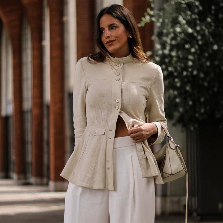 Women Tailored Linen Blazer with Stand Collar and Flouncing Peplum Amarae