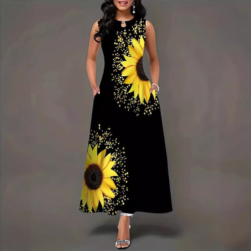 Maxi dress for women with colorful sunflower pattern and practical pockets Amarae