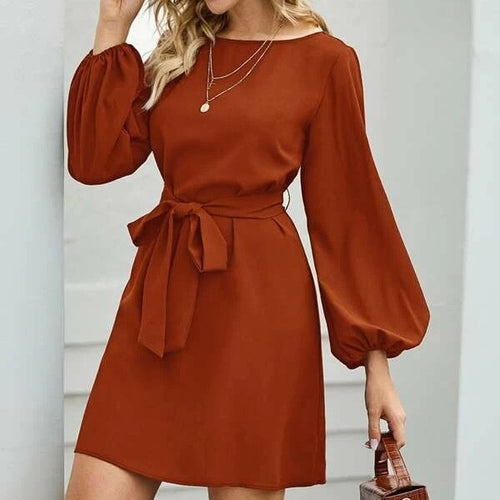 Ladies Elegant Dress with Balloon Sleeves and Waist Belt Amarae