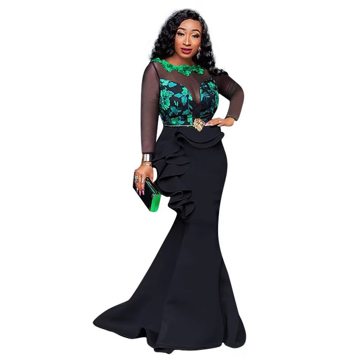Ladies Elegant Evening Dress with Transparent Sleeves and Ruffle Detail Lune London