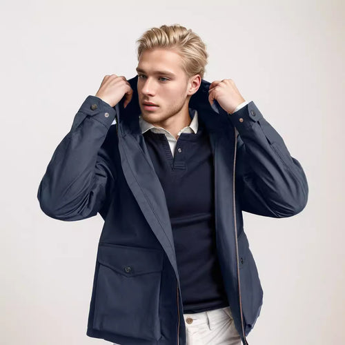 Transitional jacket for men with practical pockets and adjustable hood collar Amarae