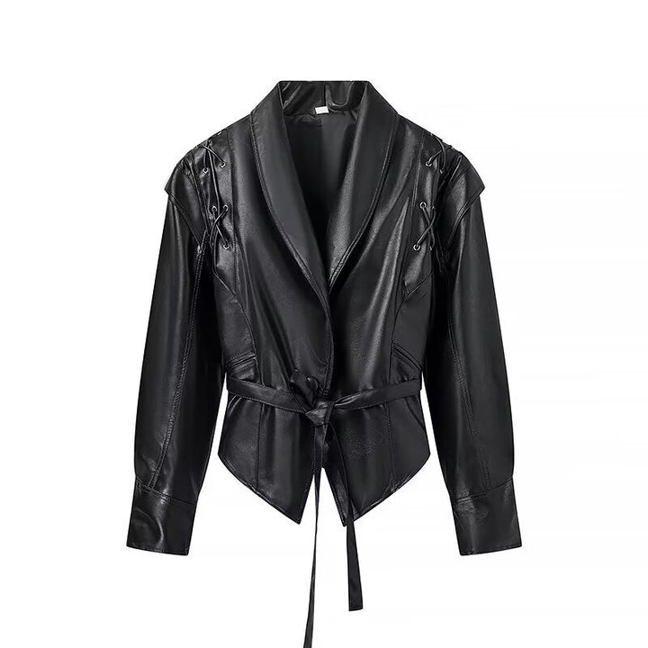 Ladies trendy fashion faux leather jacket with fitted cut and tie belt Lune London