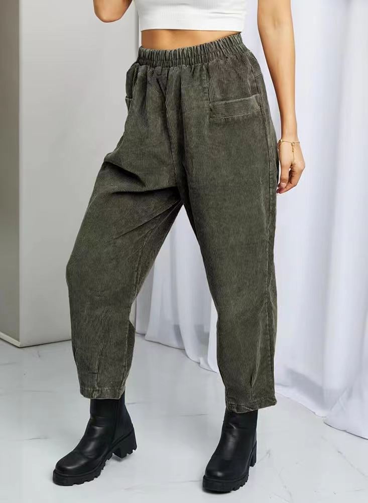 Ladies Comfortable Corduroy Leisure Pants with Elastic Waist and Pockets Lune London