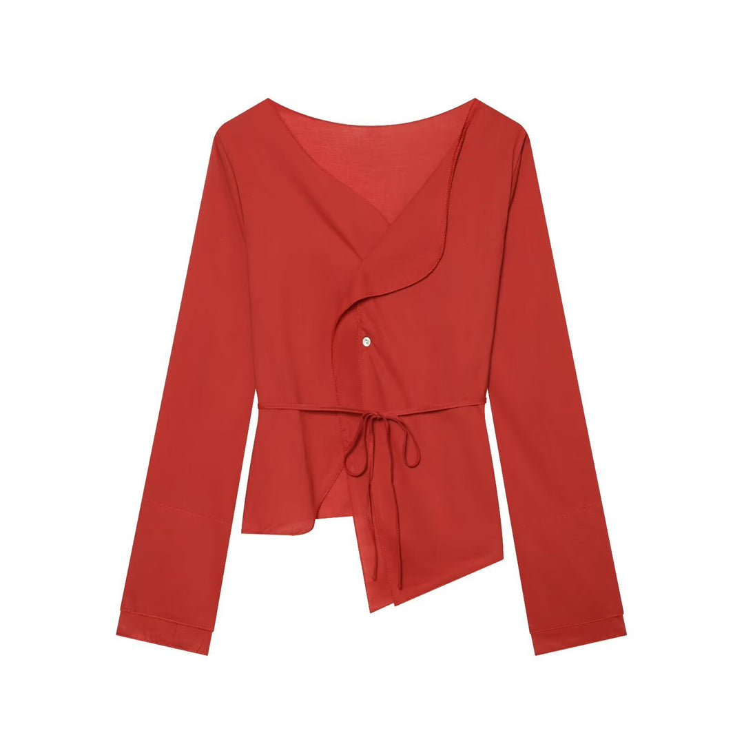Women's wrap blouse with waist tie, asymmetrical hem and gathered edges Amarae
