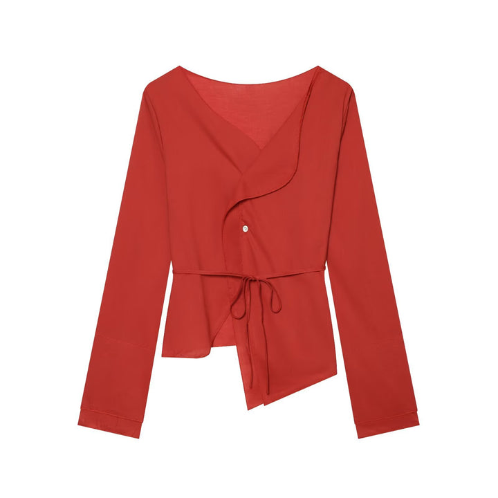 Women's wrap blouse with waist tie, asymmetrical hem and gathered edges Amarae