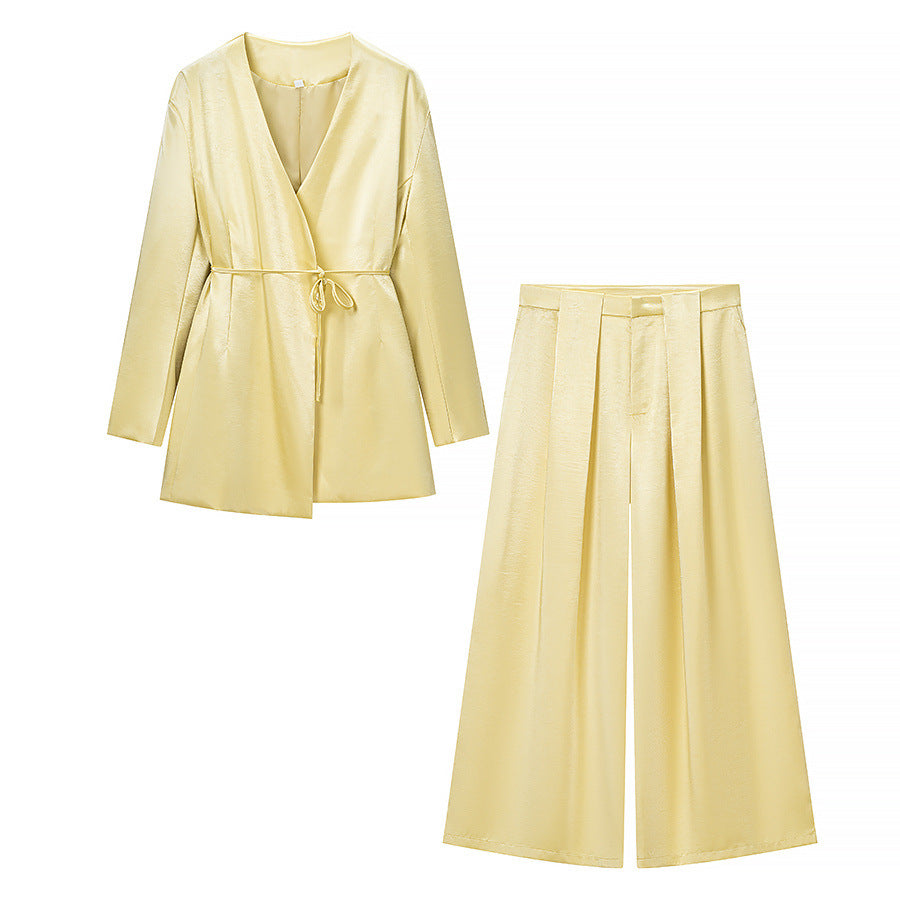 Ladies Two-Piece Satin Ensemble with Wrap Blazer and Wide Pleated Trousers Amarae
