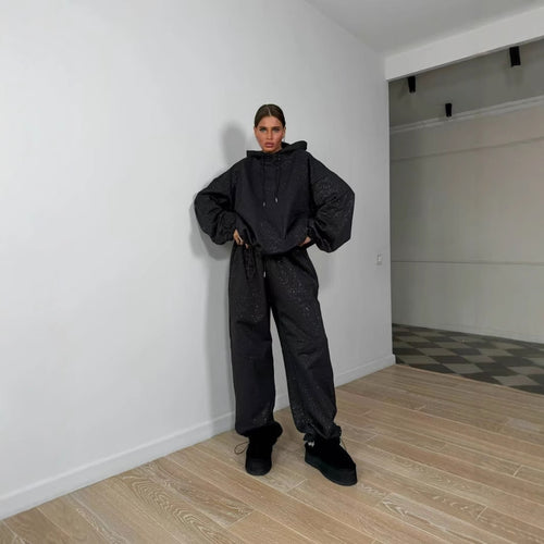 Women Urban Oversized Sweatshirt Set with Shiny Chic Accents and Style