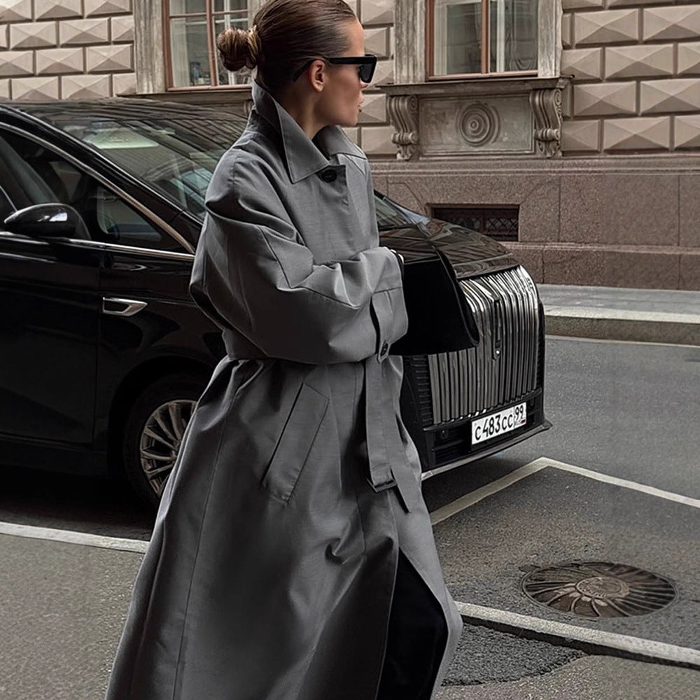 Women's Oversize Trench Coat with High Stand-Up Collar, Tie Belt and Hidden Button Placket Amarae