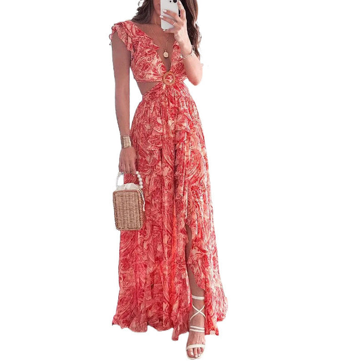 Robe maxi longue pour femmes avec design élégant à découpes et encolure à volants Chic & Stil