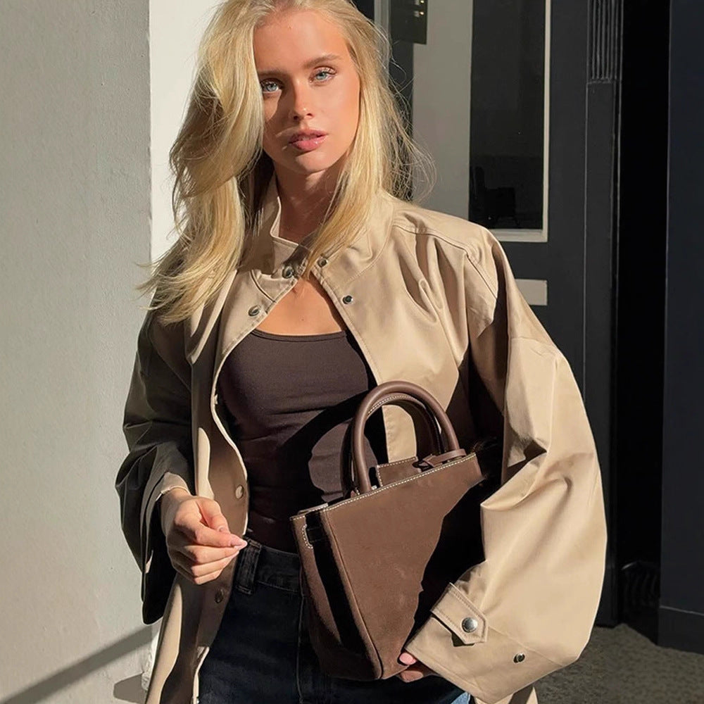 Women's oversized short coat in trench look with boxy silhouette and concealed snap button placket Amarae
