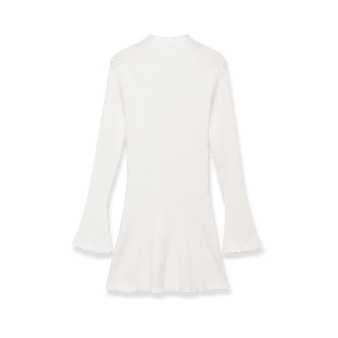 Women's fine knit mini dress with high collar, flared hem, and bell sleeves Amarae
