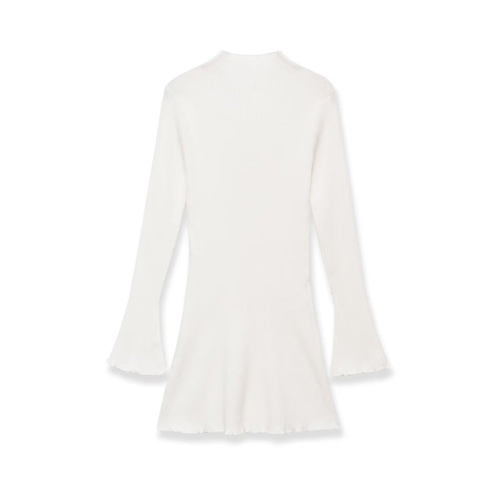 Women's fine knit mini dress with high collar, flared hem, and bell sleeves Amarae