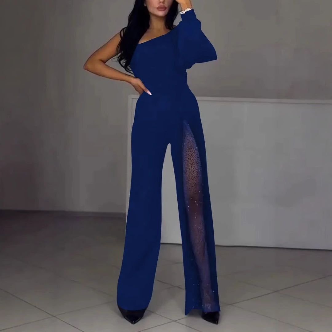 Asymmetrical one-shoulder jumpsuit for women with sequin panel Lune London