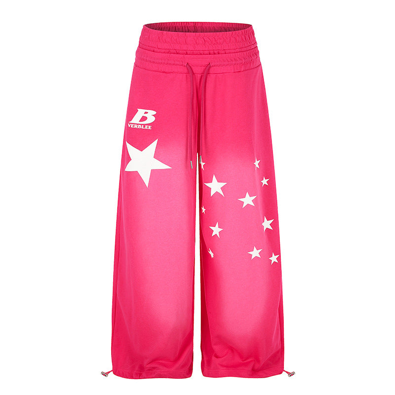 Ladies Wide High-Waist Palazzo Lounge Pants made of Stretch Jersey with Elastic Waistband, Drawstring, Adjustable Hem Cords and Star Print