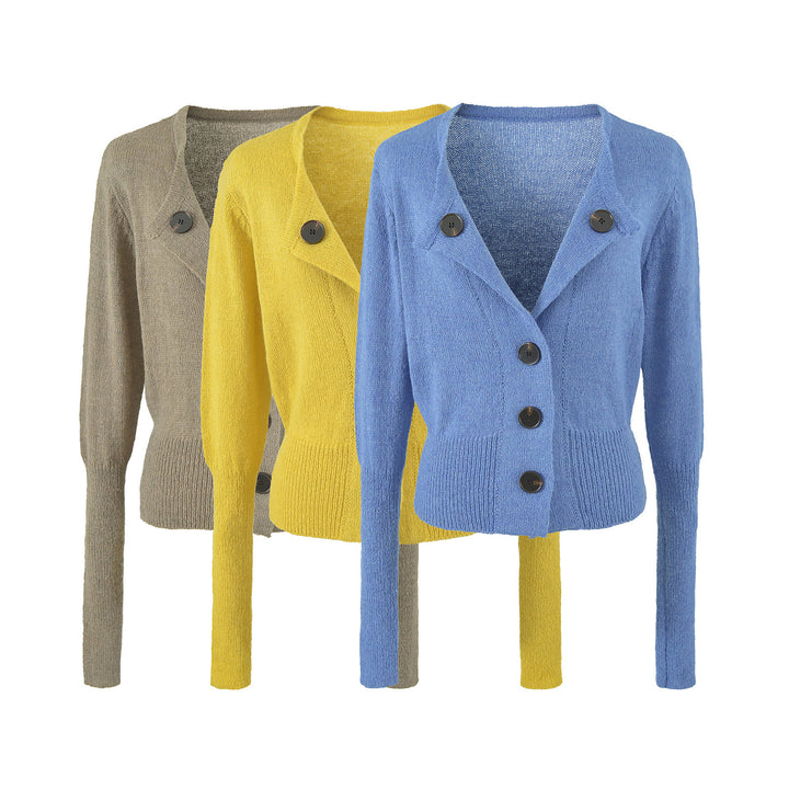 Women's Cropped Tailored Cardigan with Shawl Collar and Large Decorative Buttons Amarae
