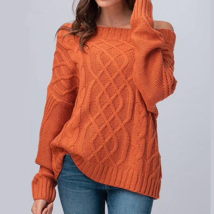 Chunky knit sweater for women with asymmetrical neckline and braided pattern Lune London