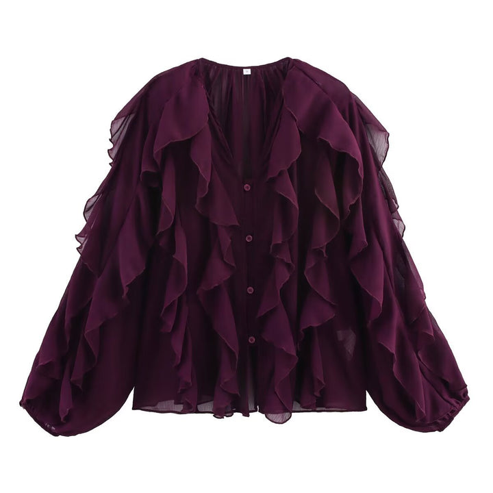 Ladies Playful Chiffon Blouse with Layered Ruffles and Button Placket Amarae