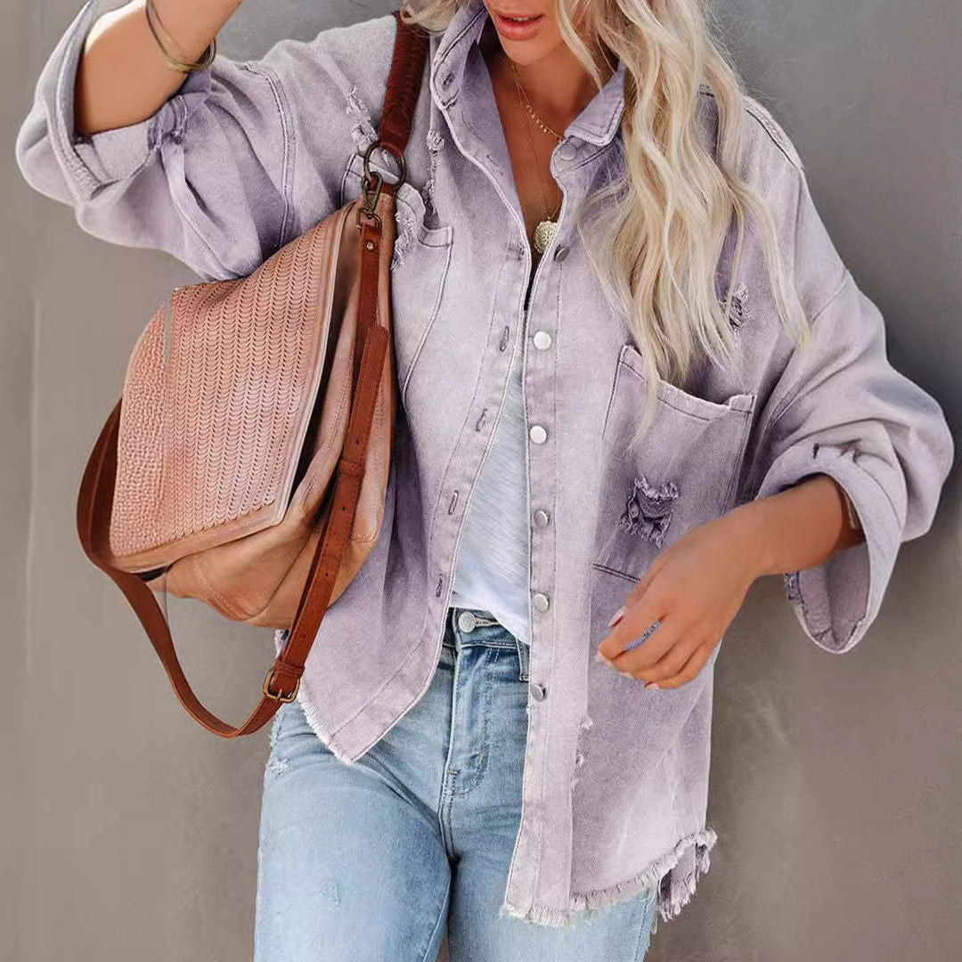 Casual oversized denim jacket for women with frayed details Lune London