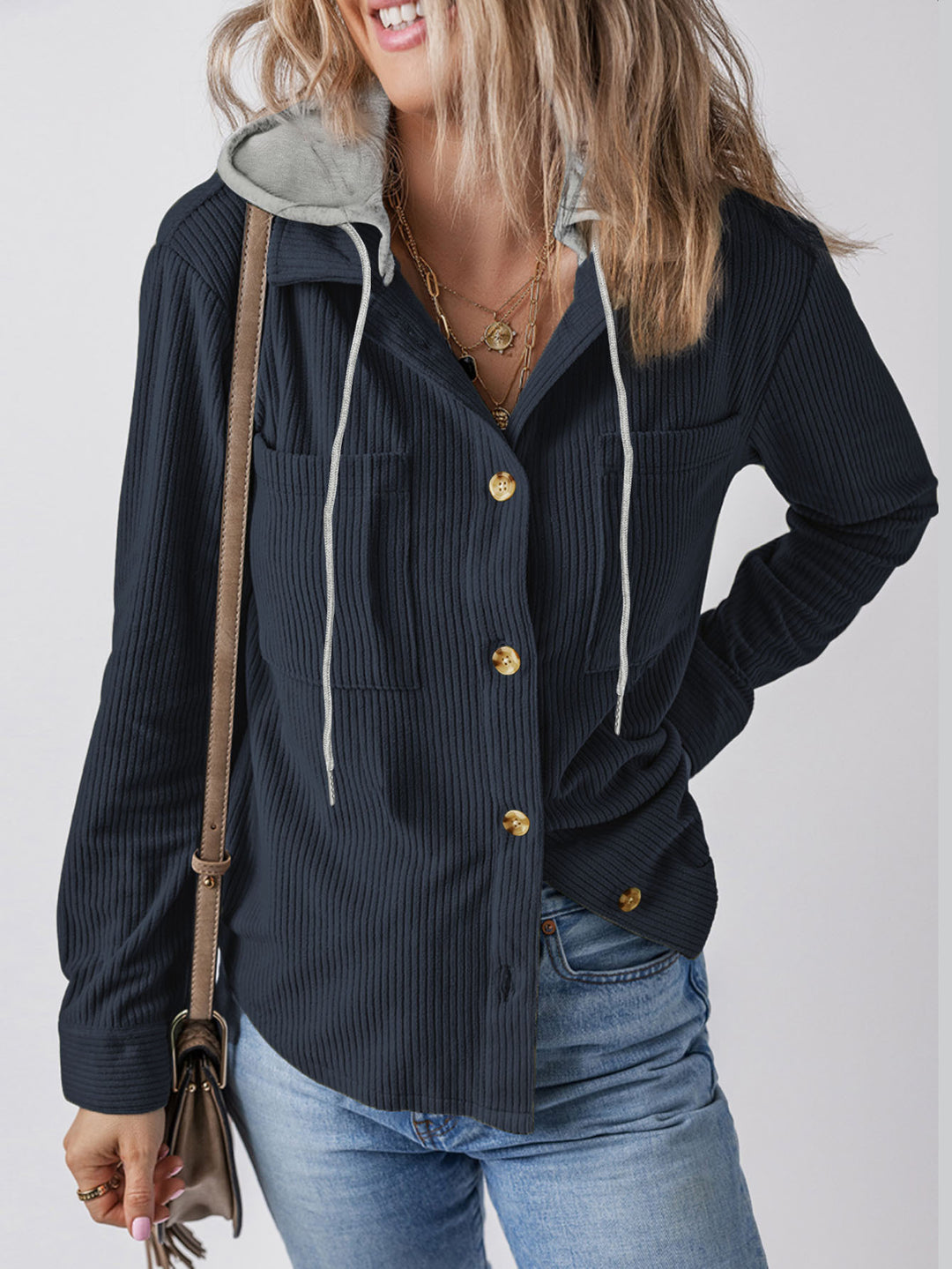 Ladies Casual Long Jacket with Hood and Button Details Lune London