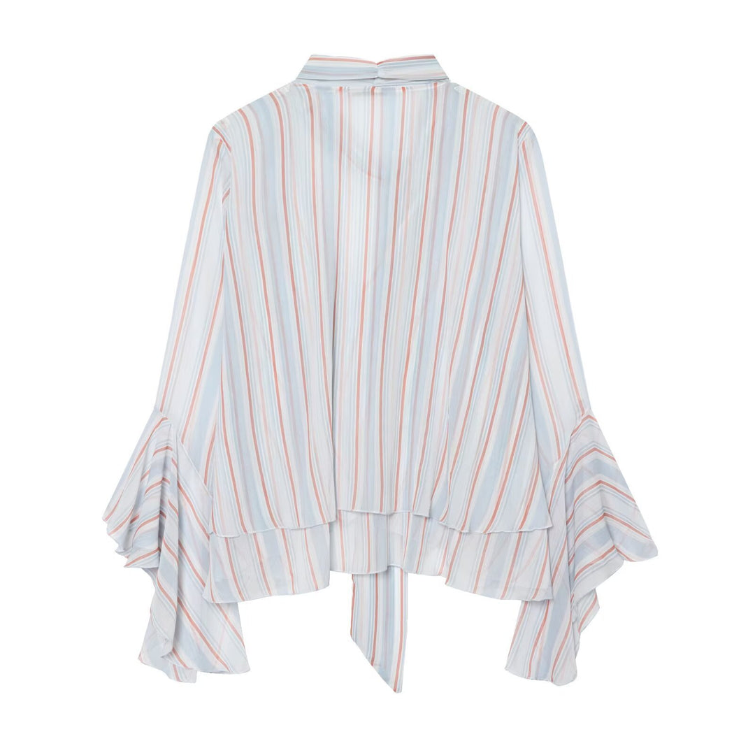 Women Striped Pullover Blouse with Tie and Ruffle Sleeves Amarae