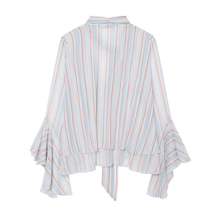 Women Striped Pullover Blouse with Tie and Ruffle Sleeves Amarae