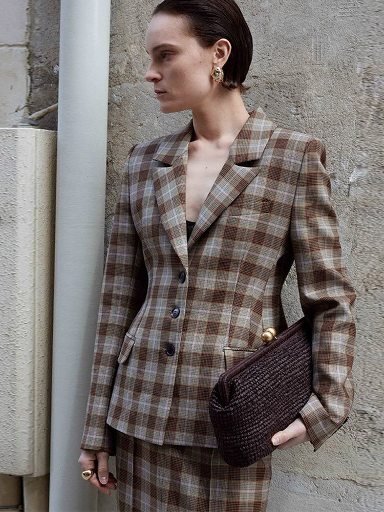 Women's Checkered Blazer and Mini Skirt Set with Tailored Silhouette and Peplum Amarae