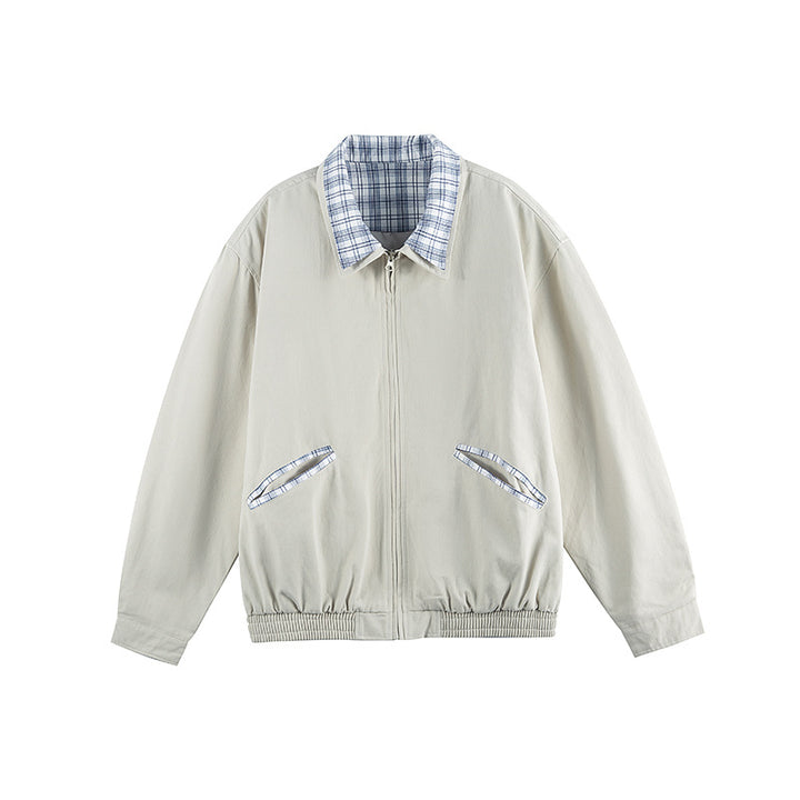 Unisex Lightweight Zip-Over Jacket in Boxy Cut with Check Collar and Elastic Hem Amarae