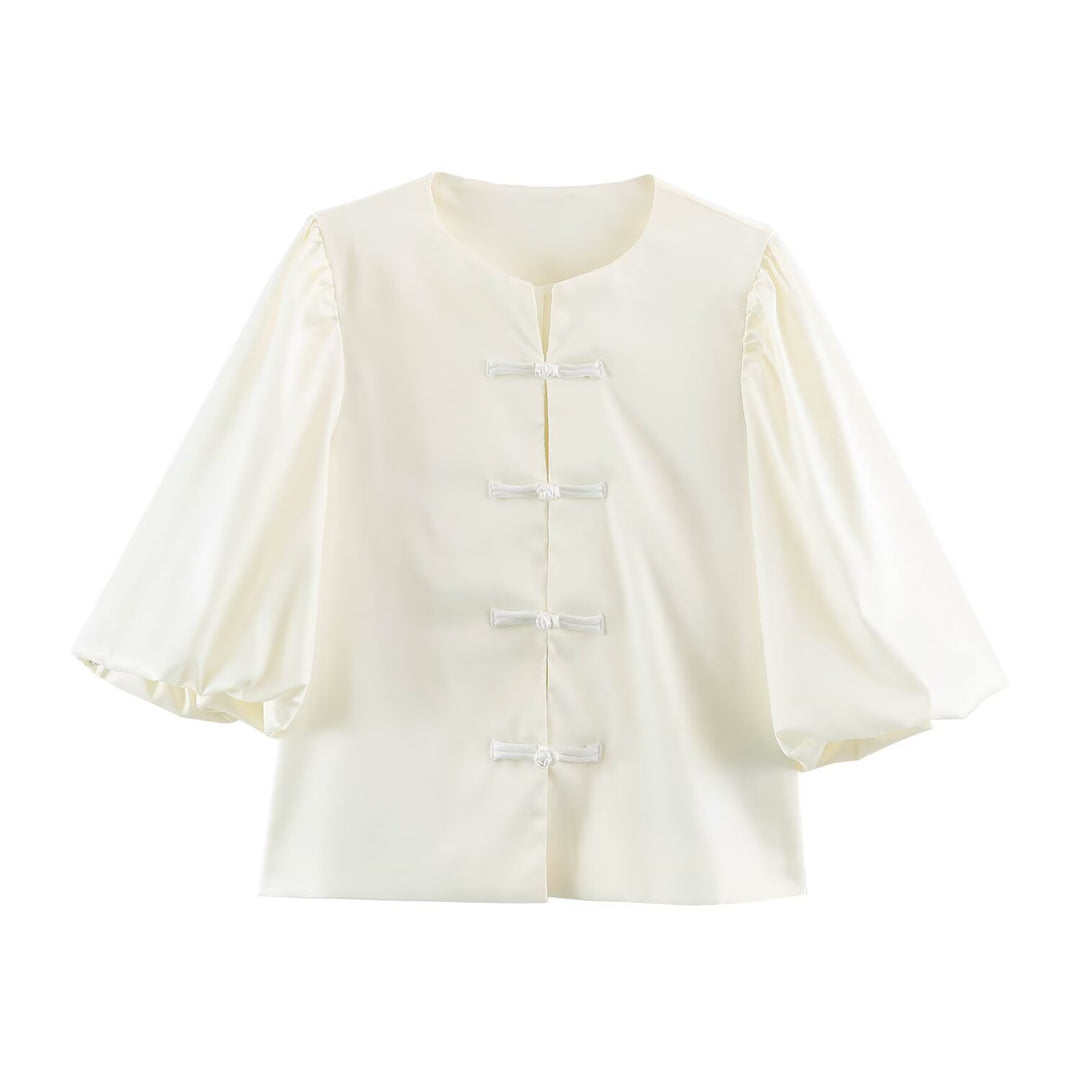 Women’s satin blouse with Chinese knot closures and 3/4 balloon sleeves Amarae