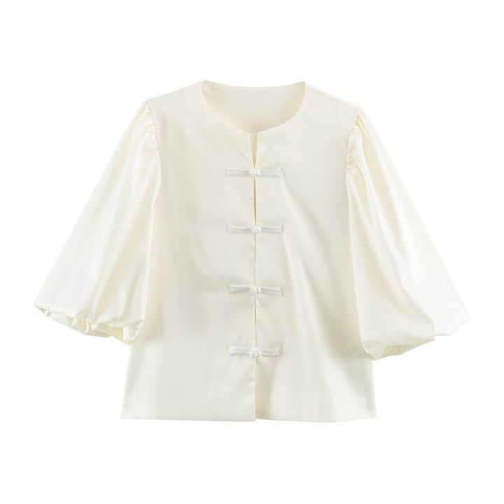 Women’s satin blouse with Chinese knot closures and 3/4 balloon sleeves Amarae