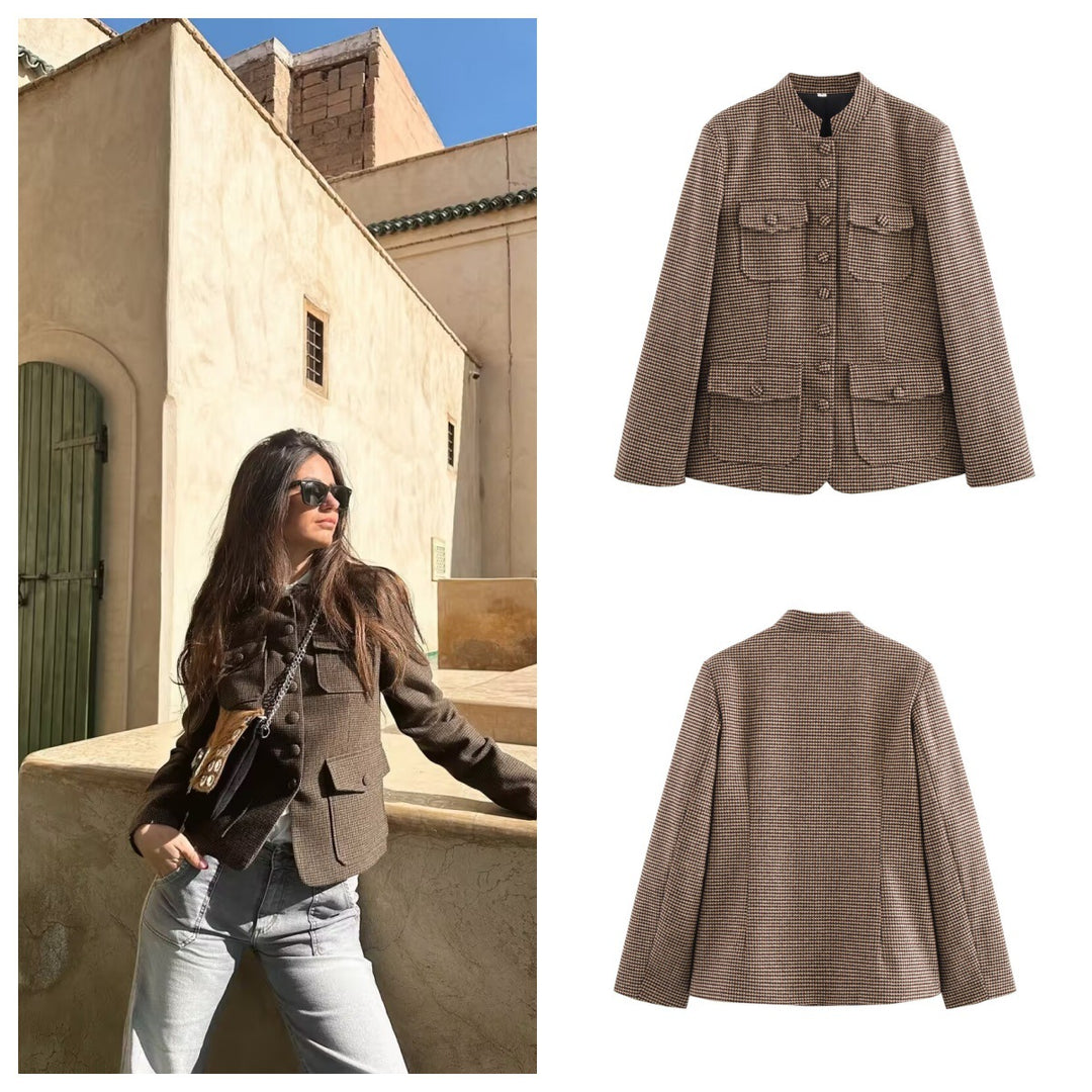 Elegant plaid jacket for women with continuous button placket and practical pockets Lune London