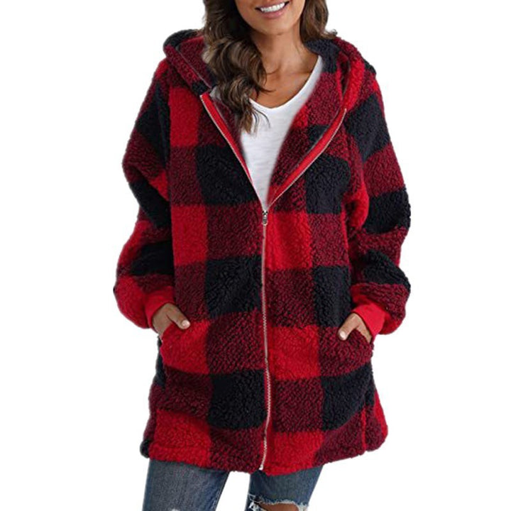 Women's Checked Teddy Fleece Coat with Hood and Zipper Amarae