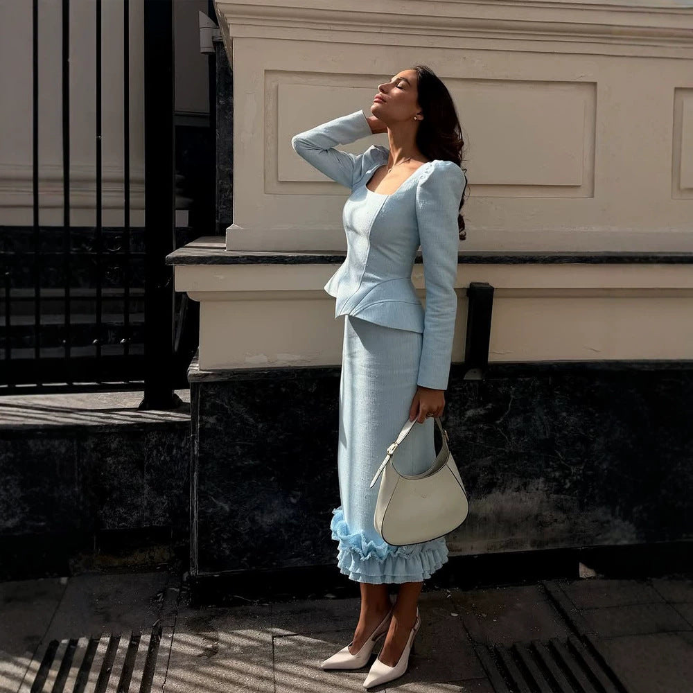 Ladies two-piece tailored ensemble with square neckline and flounce midi skirt Amarae