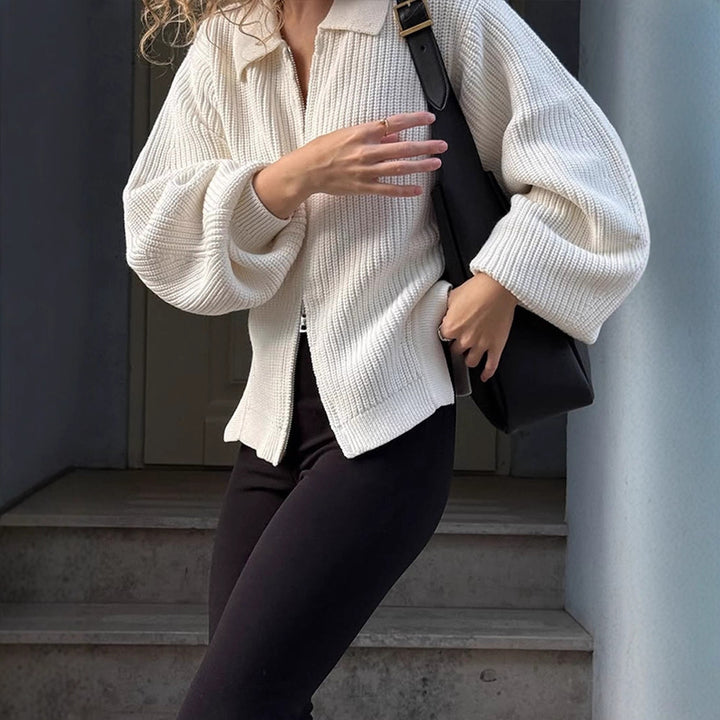 Women Ribbed Cardigan with Zipper, Shirt Collar & Balloon Sleeves Amarae