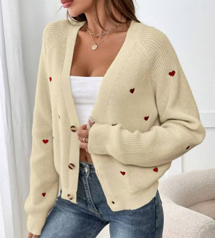 Ladies casual cardigan with heart-shaped appliqués and deep V-neck Lune London