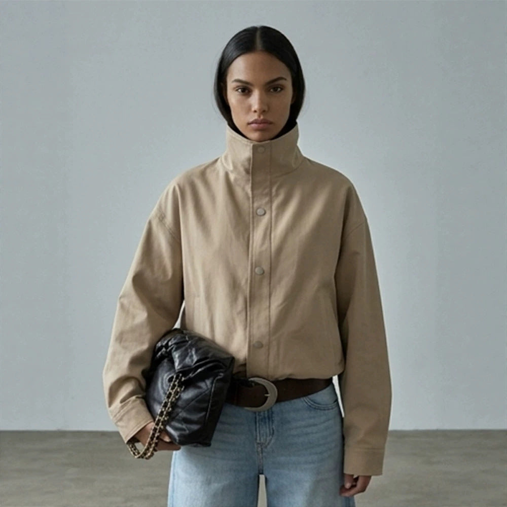 Women Short Boxy Canvas Jacket with High Stand-Up Collar and Snap Button Placket Amarae