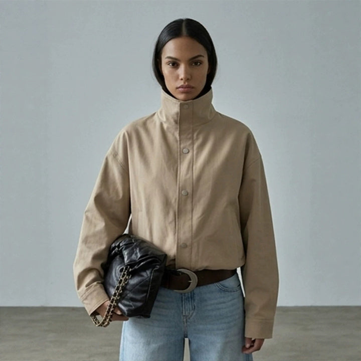 Women Short Boxy Canvas Jacket with High Stand-Up Collar and Snap Button Placket Amarae