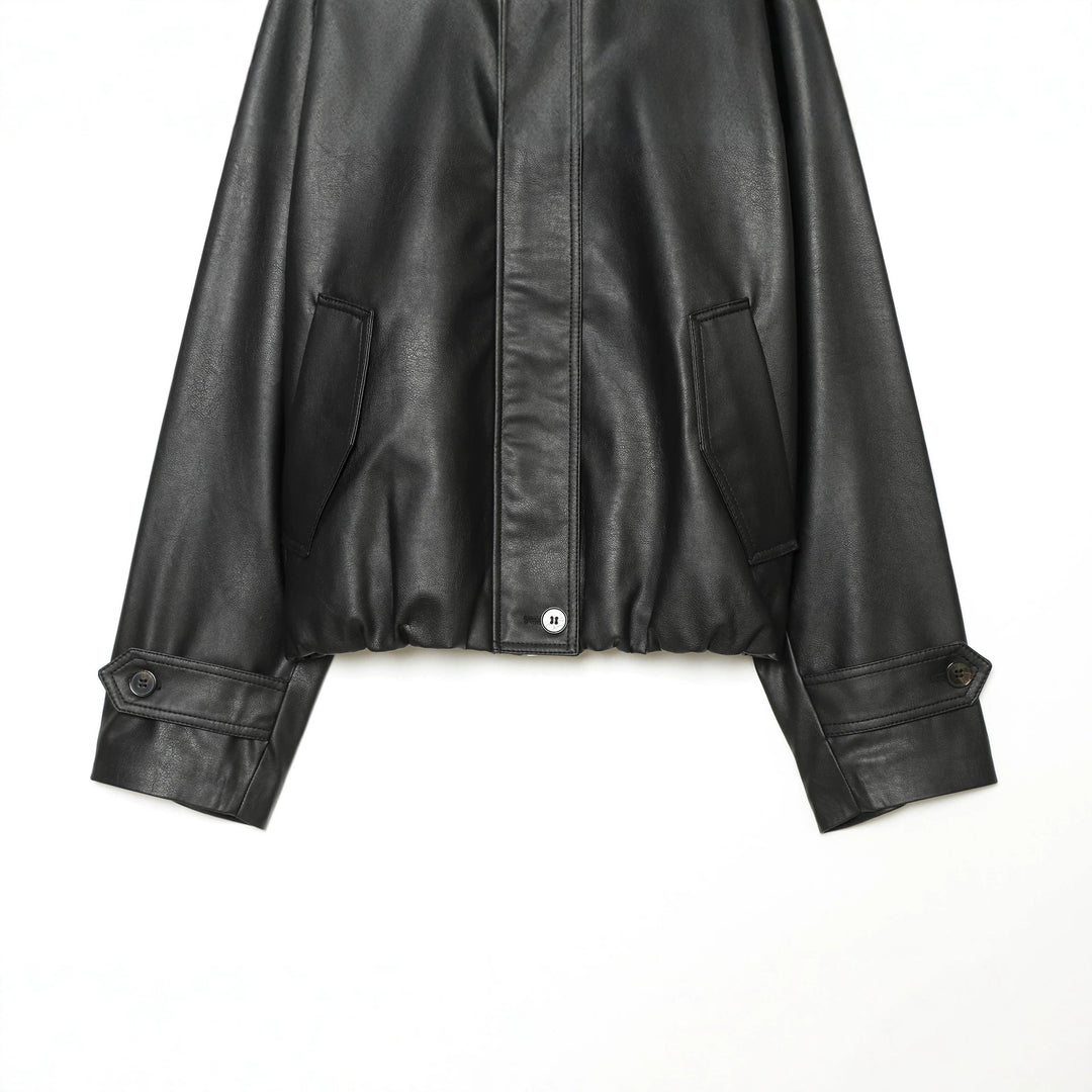 Women's Cropped Faux Leather Field Jacket with High Stand Collar, Shoulder Straps and Elastic Hem